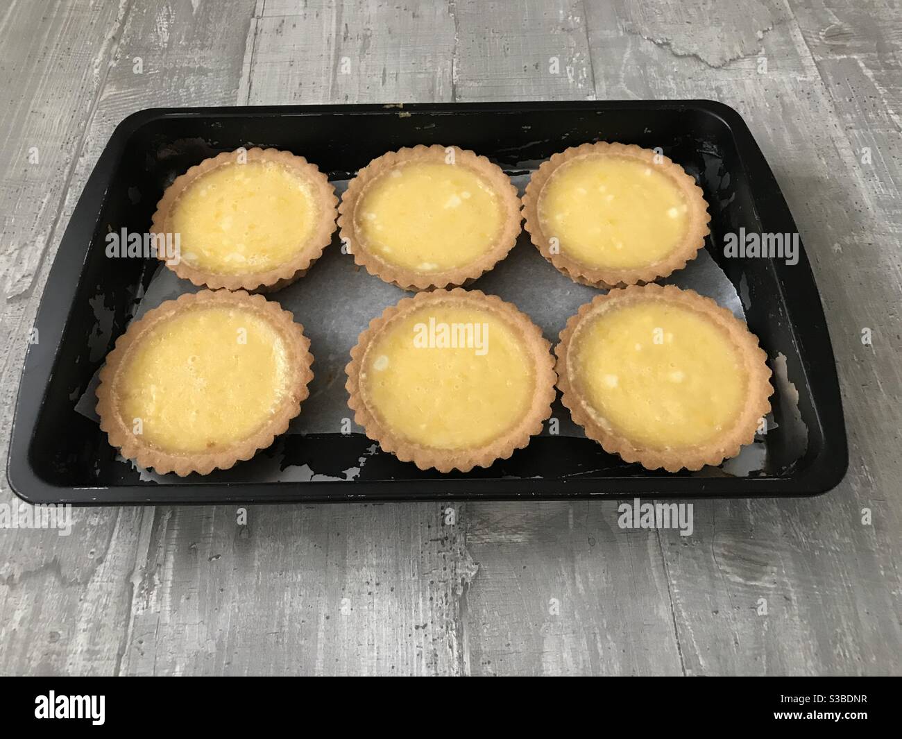 Individual lemon tartlets on a wooden background - Smartphone Captured Stock Image