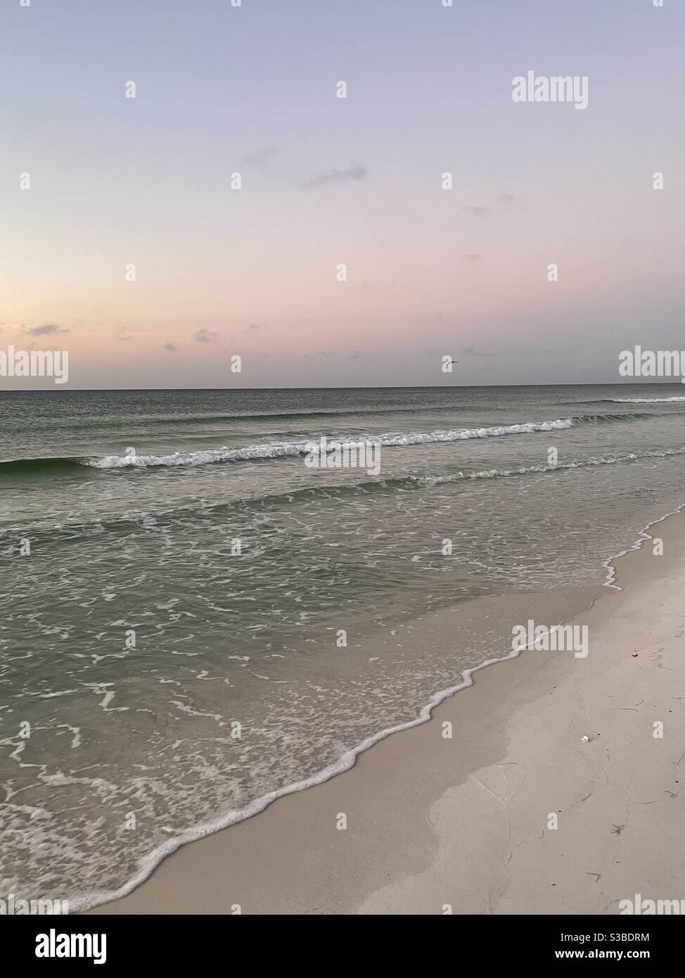 Soft early morning pastel sunrise skies over emerald colored water of the Gulf of Mexico - Smartphone Captured Stock Image