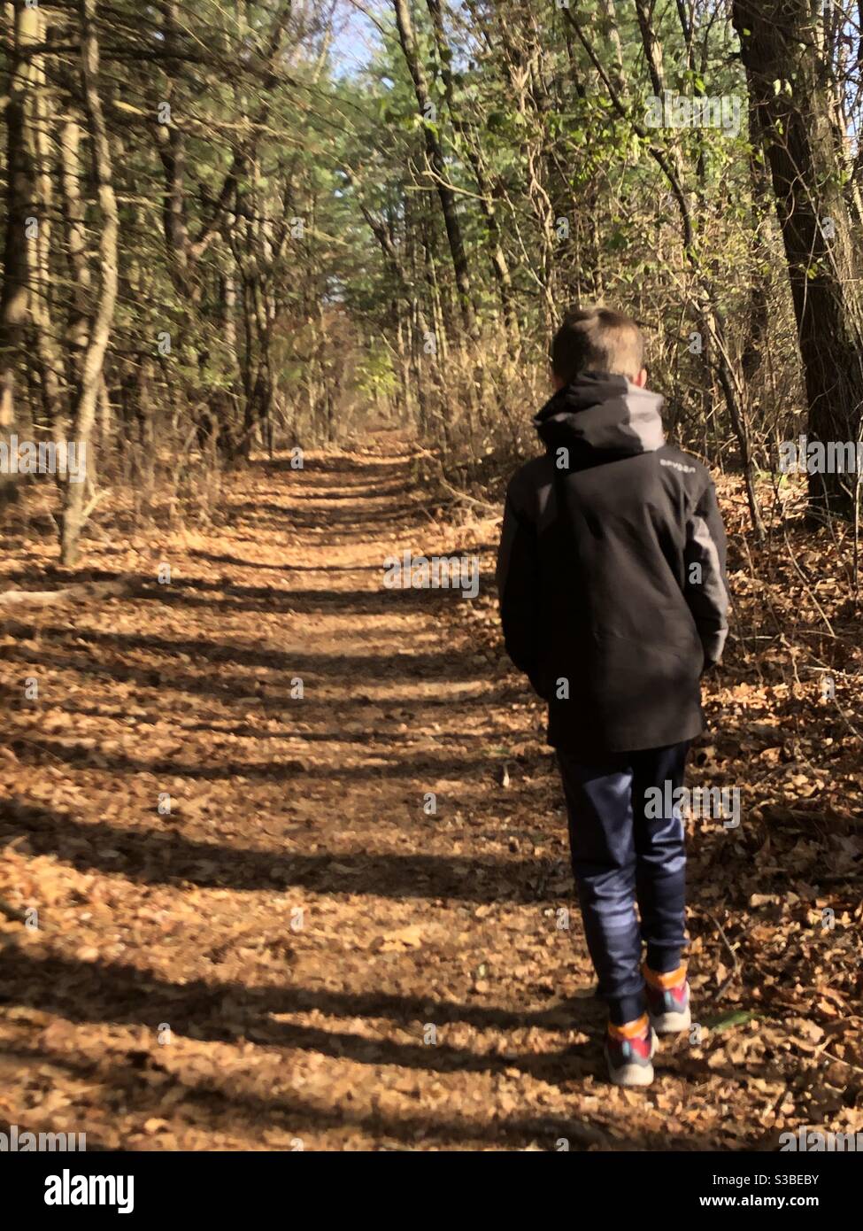 Boy walking down a leaf-strewn Autumn path. Forest walk Stock Photo