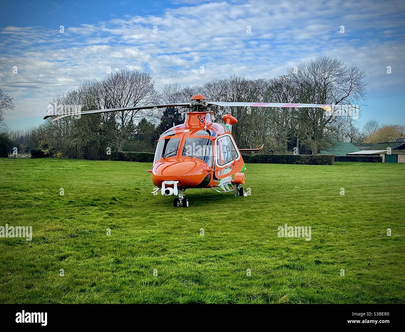 MAGPAS air ambulance landed in field, Bishops Stortford, Hertfordshire 26 Nov 2020 - Smartphone Captured Stock Image