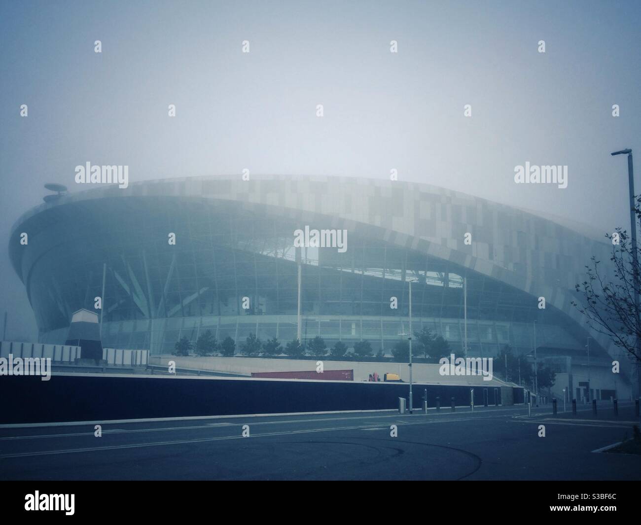 Tottenham Hotspur football stadium deserted in winter fog 2020 Stock Photo