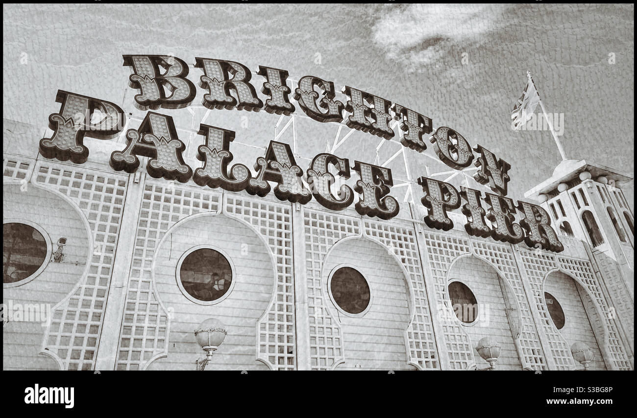 A retro effect image of the large sign “ BRIGHTON PALACE PIER.” An iconic and famous location on the South Coast of England, UK. Photo Credit - ©️ COLIN HOSKINS. - Smartphone Captured Stock Image
