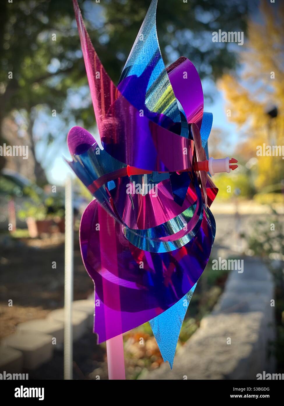 A colorful wind spinner (pinwheel) in a suburban front yard Stock Photo