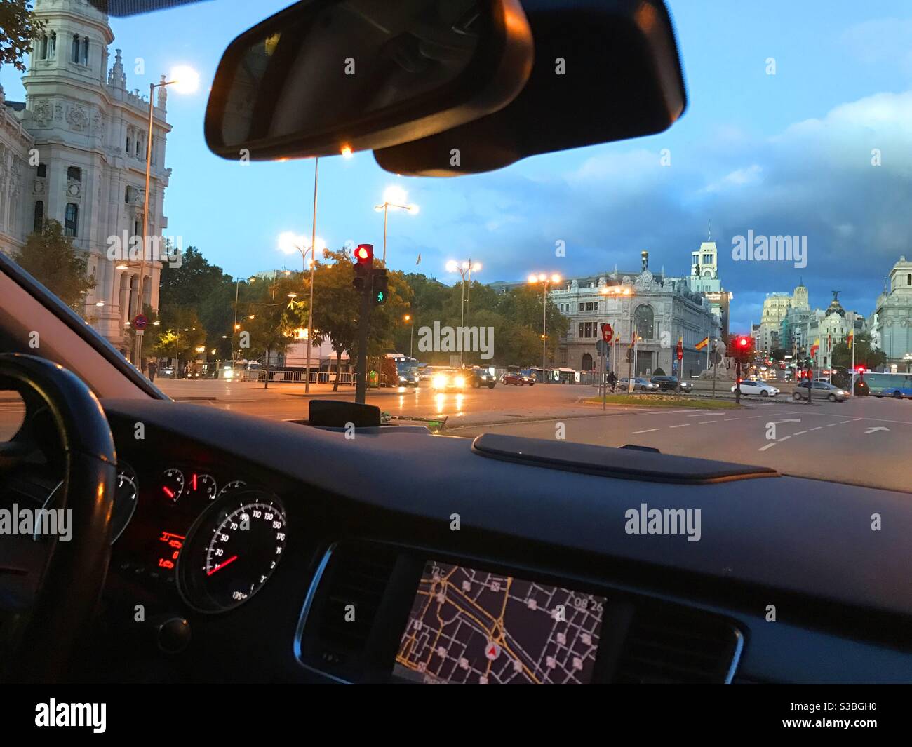 Cibeles Square from inside a car, night view. Madrid, Spain. - Smartphone Captured Stock Image