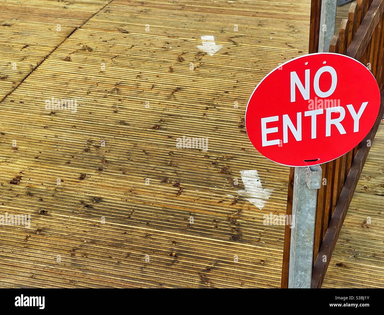 No entry sign at exit to deck area Stock Photo
