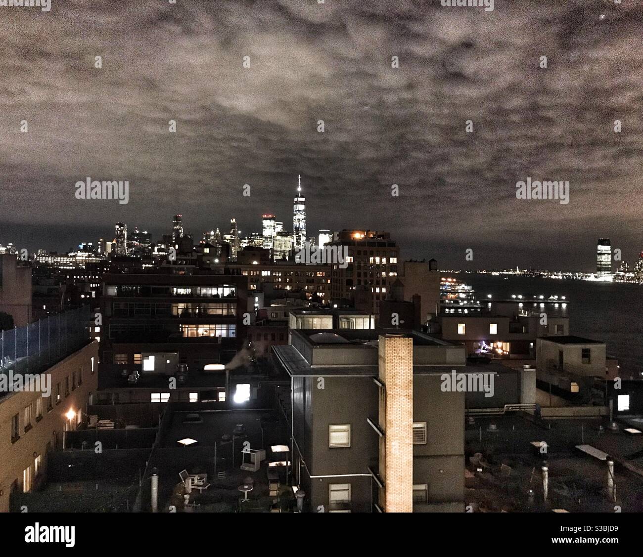 NYC at night as seen from the Whitney Museum. Stock Photo