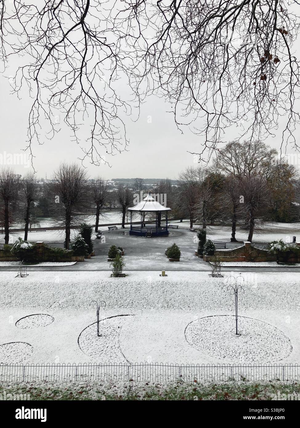 The bandstand in Castle Park, Colchester, in the Snow, December 2020