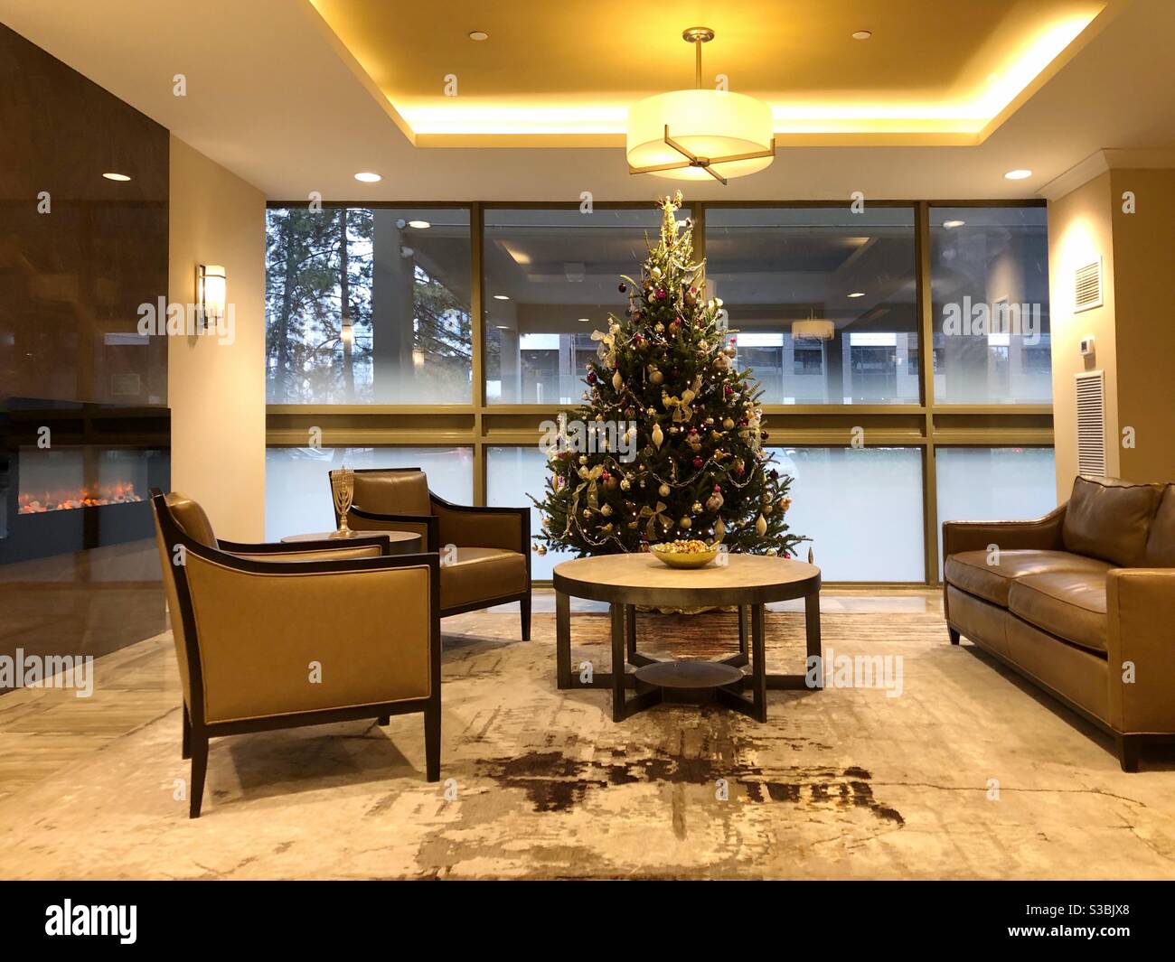 A condo lobby decorated for Christmas. - Smartphone Captured Stock Image
