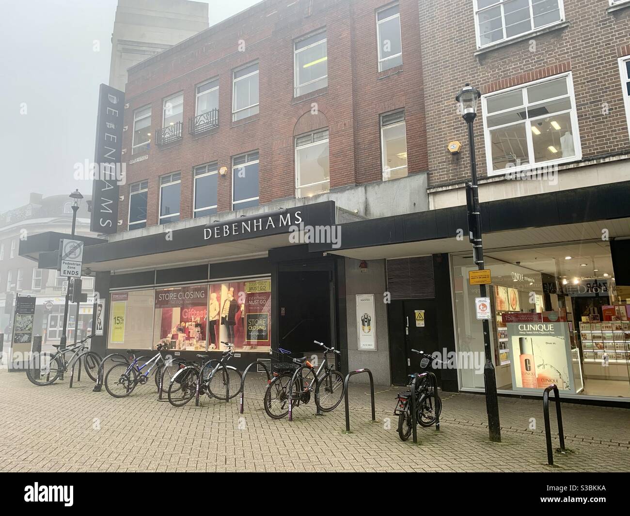 Debenhams store in Bedford, England with Store Closing sign in window. Debenhams announced all stores closing as business goes into administration due to drop in sales caused by covid19 Stock Photo