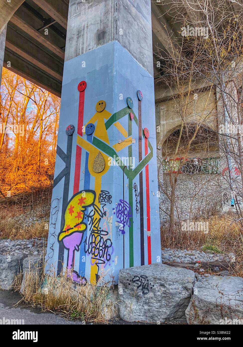 Graffiti on the pillar of a bridge underpass. Stock Photo