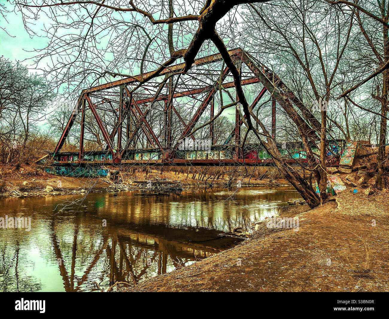Cantilever railroad bridge over Des Plaines River. Cook County, Illinois. Stock Photo