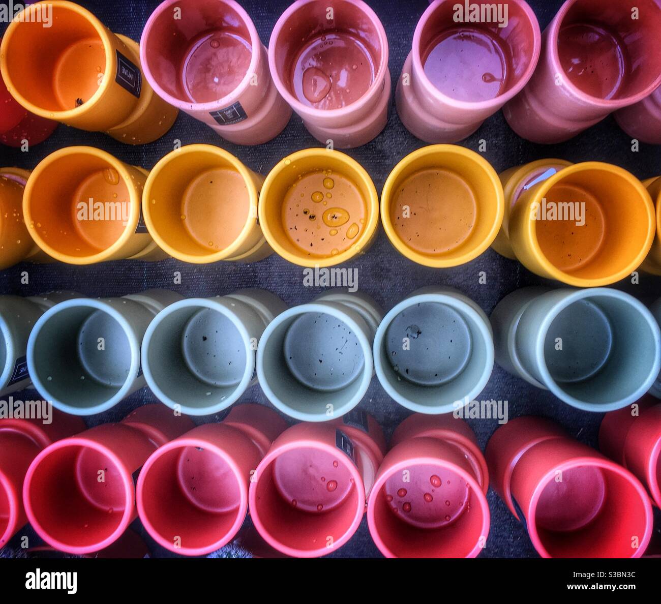 Top down view of colourful pots in a UK garden centre. - Smartphone Captured Stock Image