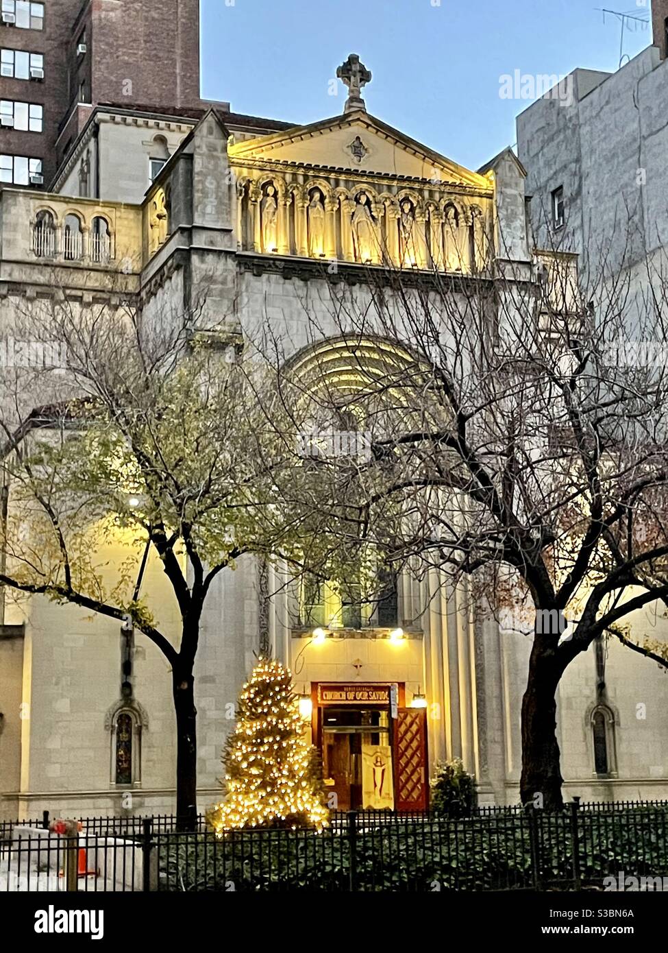 Beautiful church in evening light during the holiday season Stock Photo