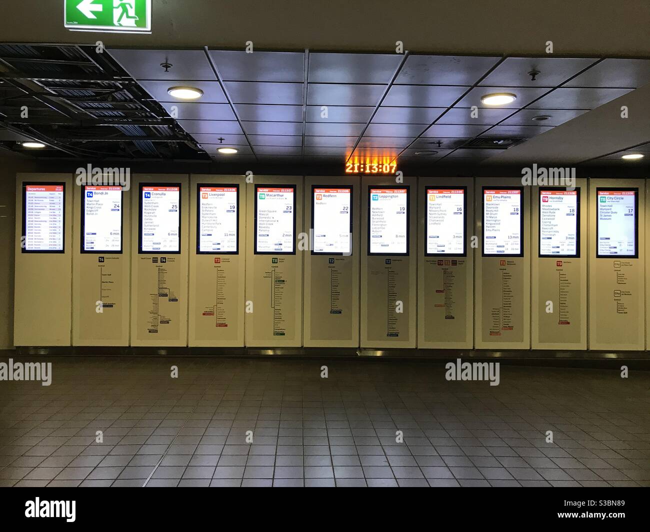 Screens showing train departure times at Central Station in Sydney, NSW