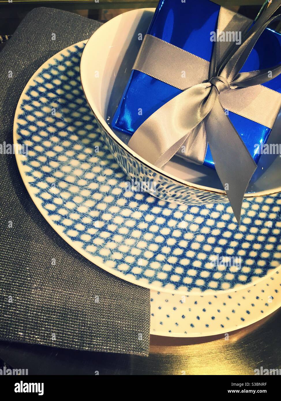 Upscale holiday gift display in the housewares section of a department store, USA Stock Photo