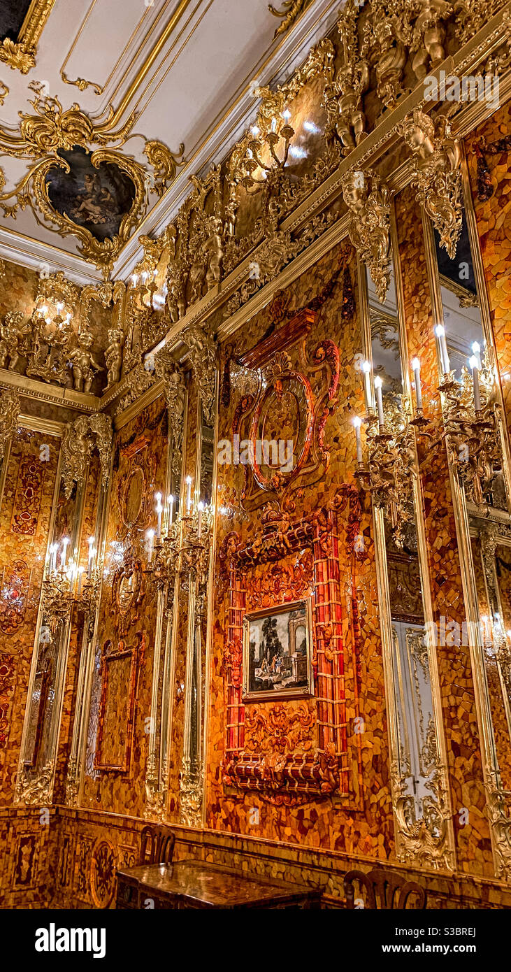 The Amber Room at the Catherine Palace in Tsarskoe Selo, Russia. Stock Photo
