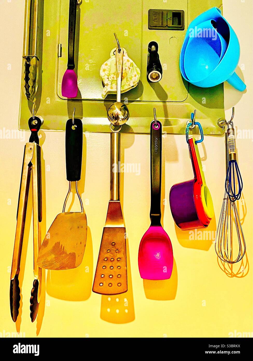 Cook’s essential tools in a working kitchen. - Smartphone Captured Stock Image