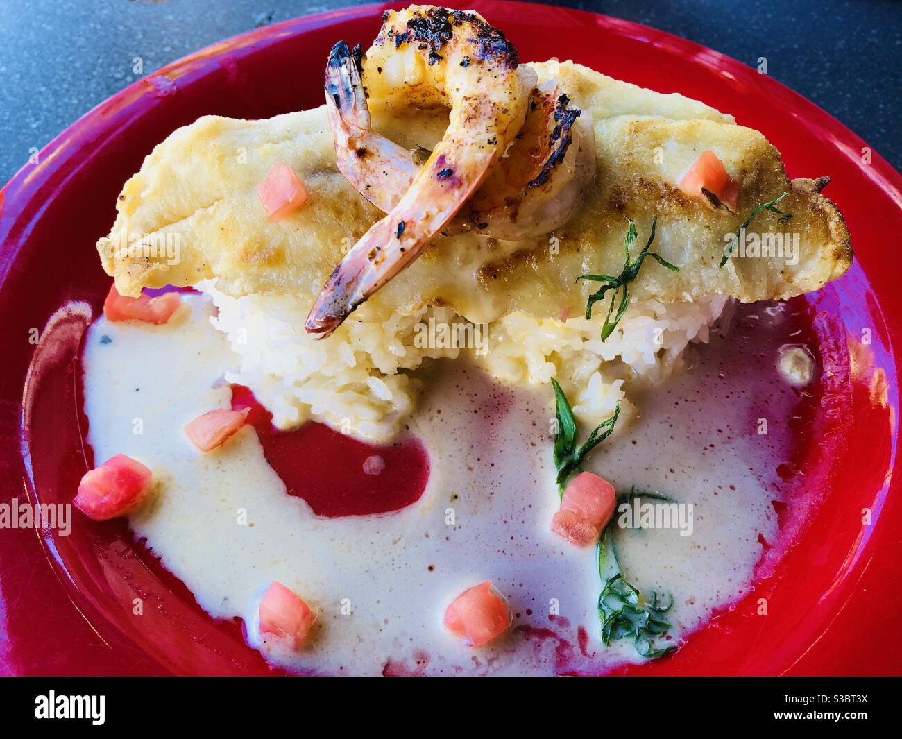 Seafood plate of shrimp, flounder and rice at Bubba Gump Shrimp Co. and