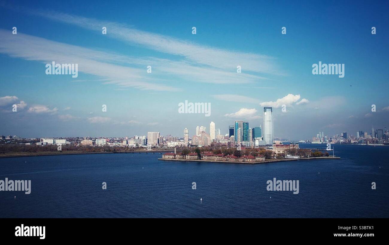 Jersey City, NJ and NYC Metro area seem from the air. Stock Photo