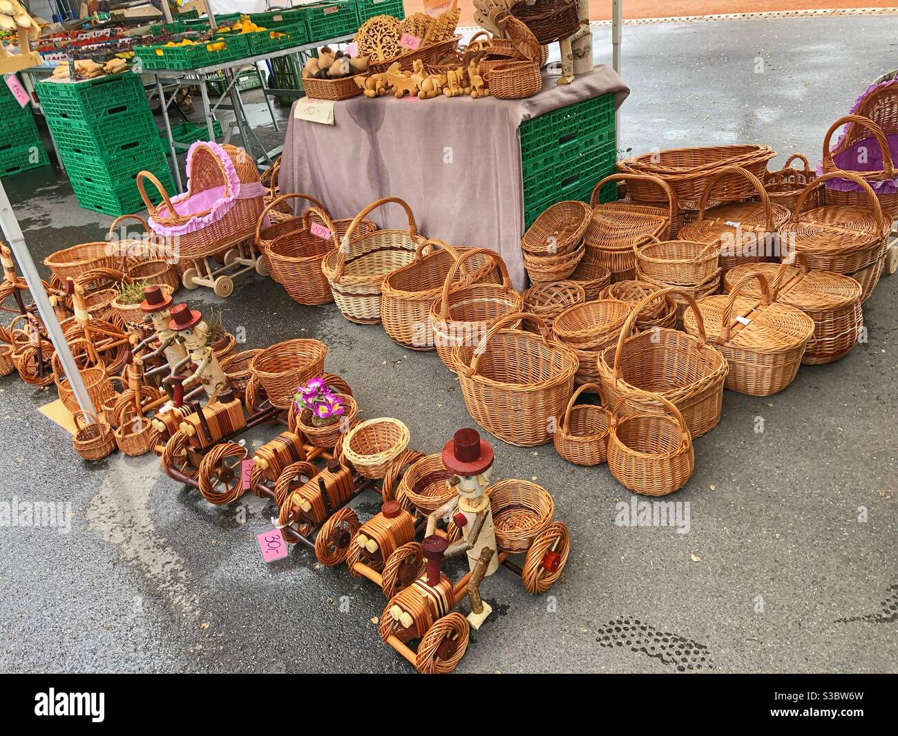 Craft art straw work at Sunday market in Geneva - Switzerland - Smartphone Captured Stock Image