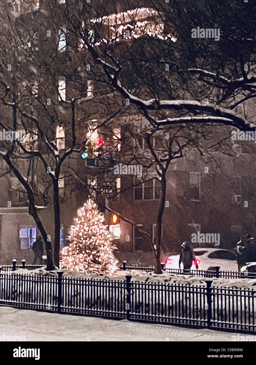 A person walking by Christmas lights on a Christmas tree and on a terrace at the corner of Park Avenue & 36th Street at night as snow falls in New York City, silhouetting tree branches and parked cars Stock Photo