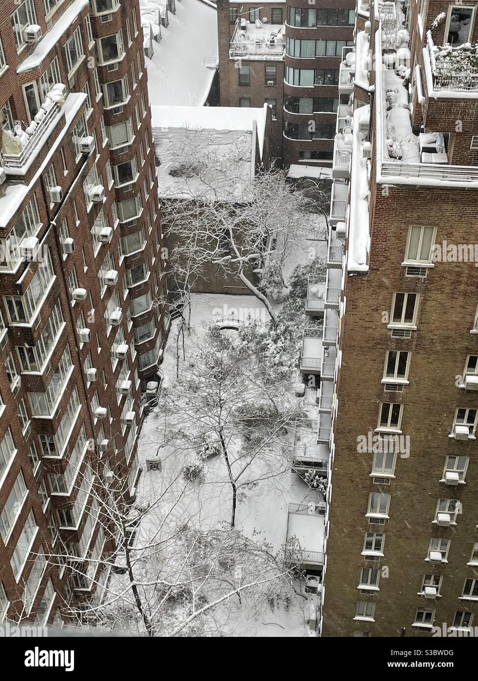 Hidden inner courtyard covered with fresh snow in Murray Hill, Manhattan. - Smartphone Captured Stock Image