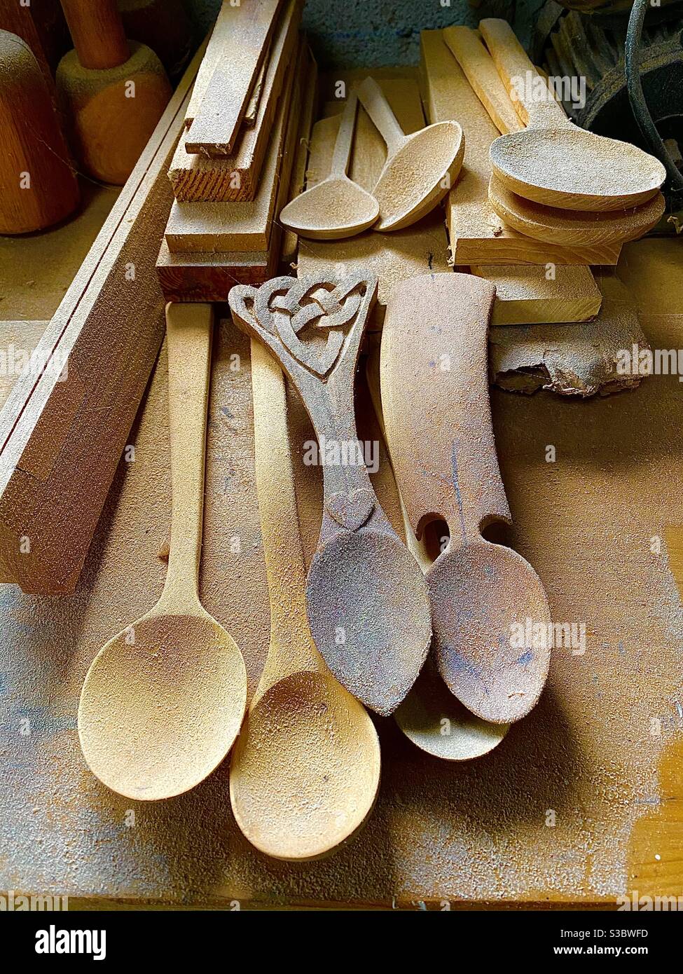 Hand crafted Welsh wooden spoons - Smartphone Captured Stock Image