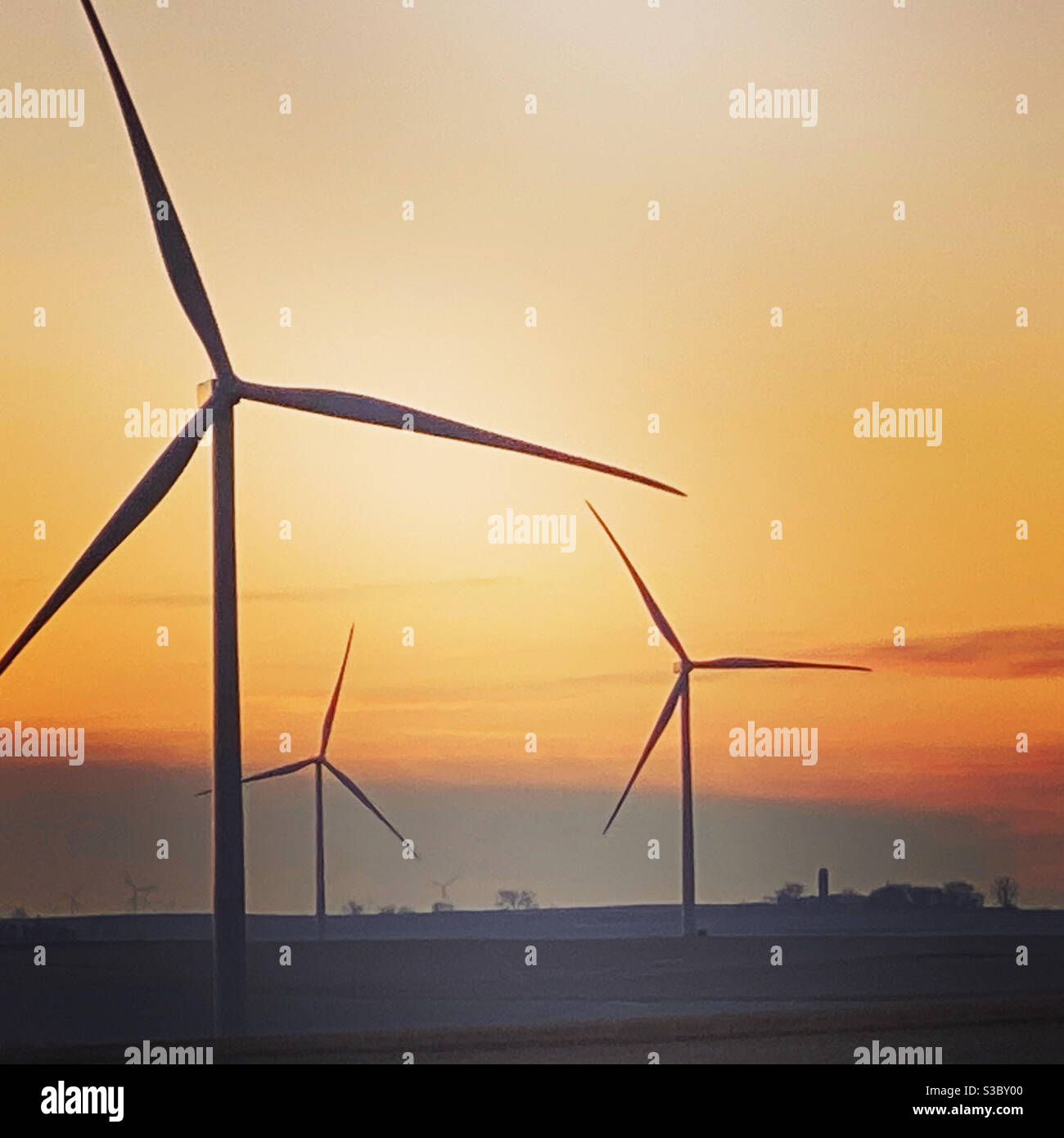 Windmills at dawn Stock Photo