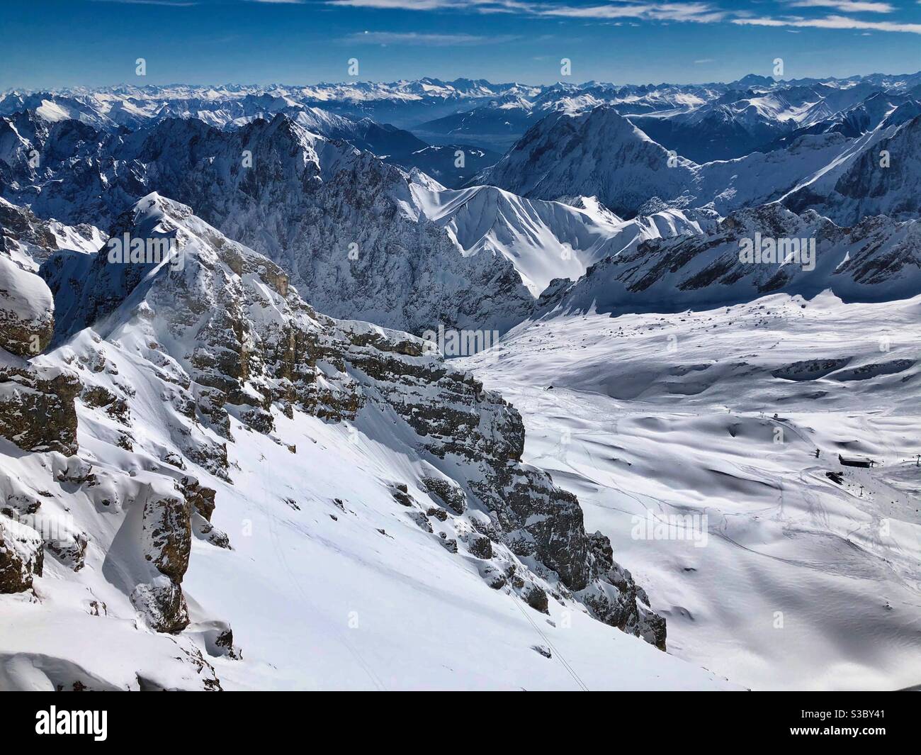 View from the highest German mountain Zugspitze (2962m). - Smartphone Captured Stock Image