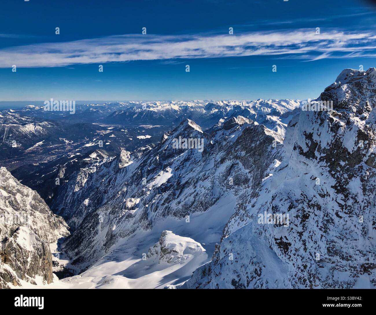 View from the highest German mountain Zugspitze (2962m). - Smartphone Captured Stock Image