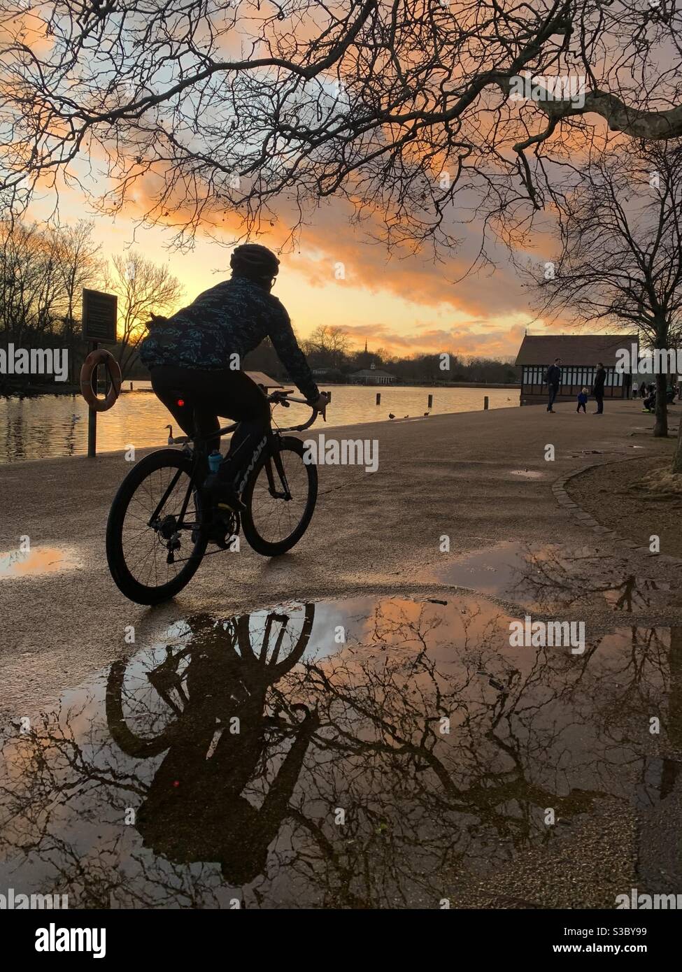Cyclist at sunset in Hyde park reflected in puddle - Smartphone Captured Stock Image