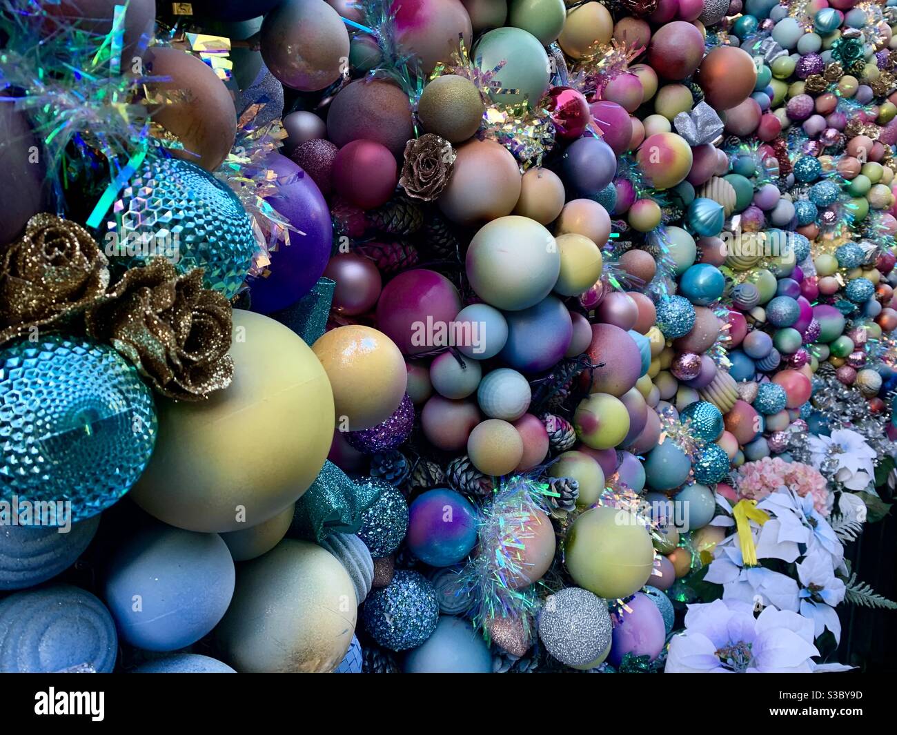 Collection of baubles in many colours Stock Photo