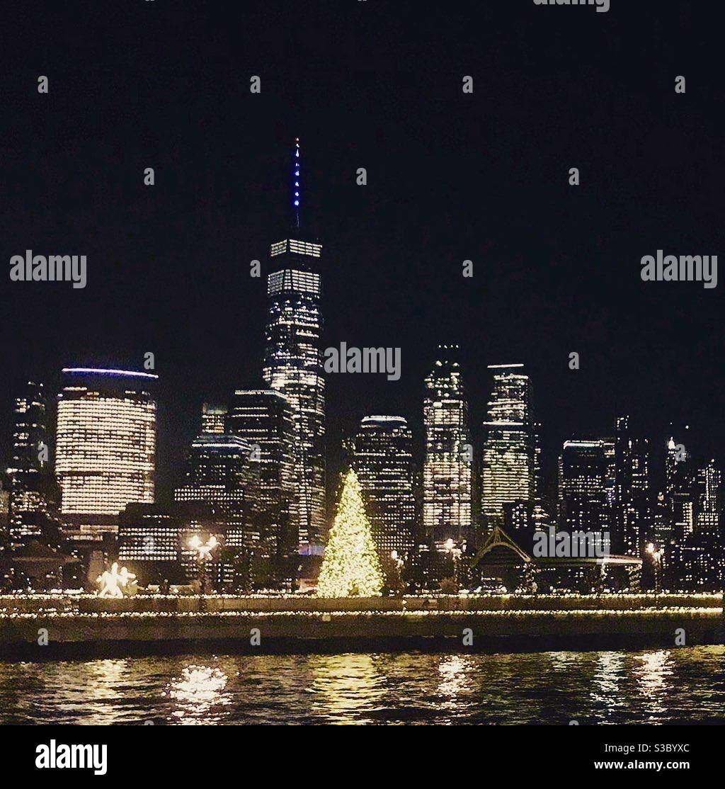 Holiday lights and decorations on Jersey City waterfront. Stock Photo