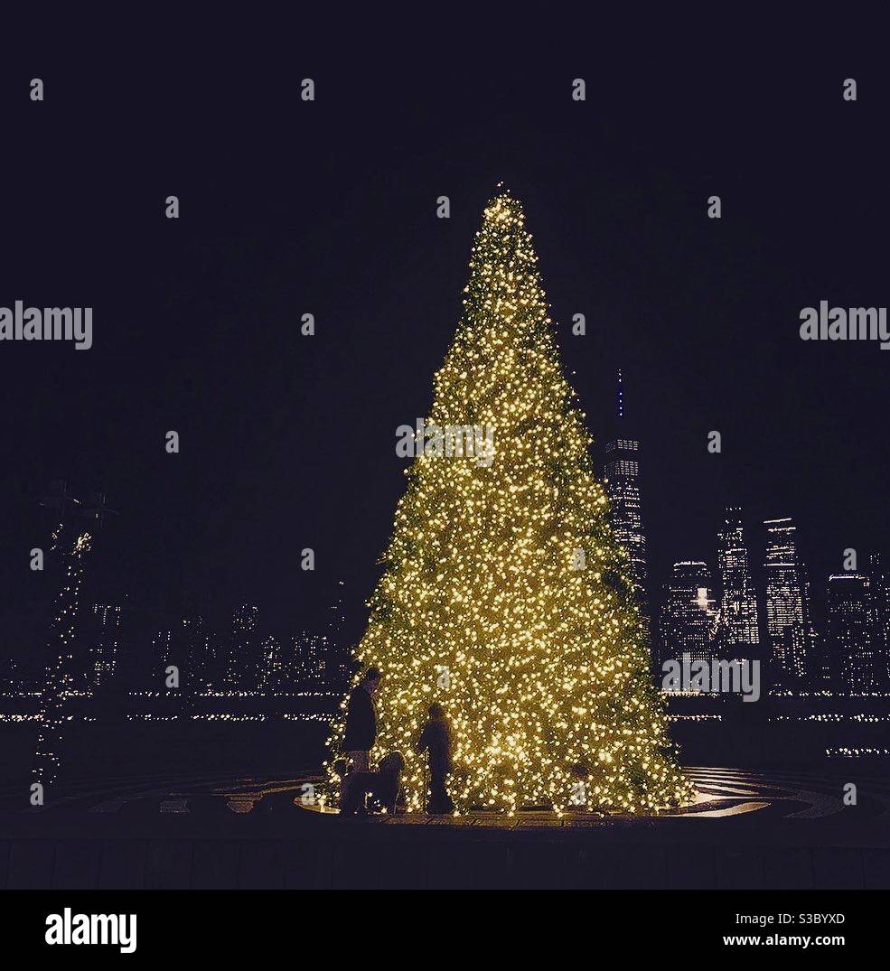 Christmas tree lights on Jersey City pier during Holiday season 2020. Stock Photo