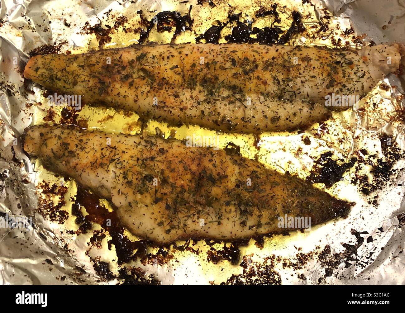 Whiting fish with spices, baked in olive oil on non-stick aluminum foil in a baking dish. - Smartphone Captured Stock Image
