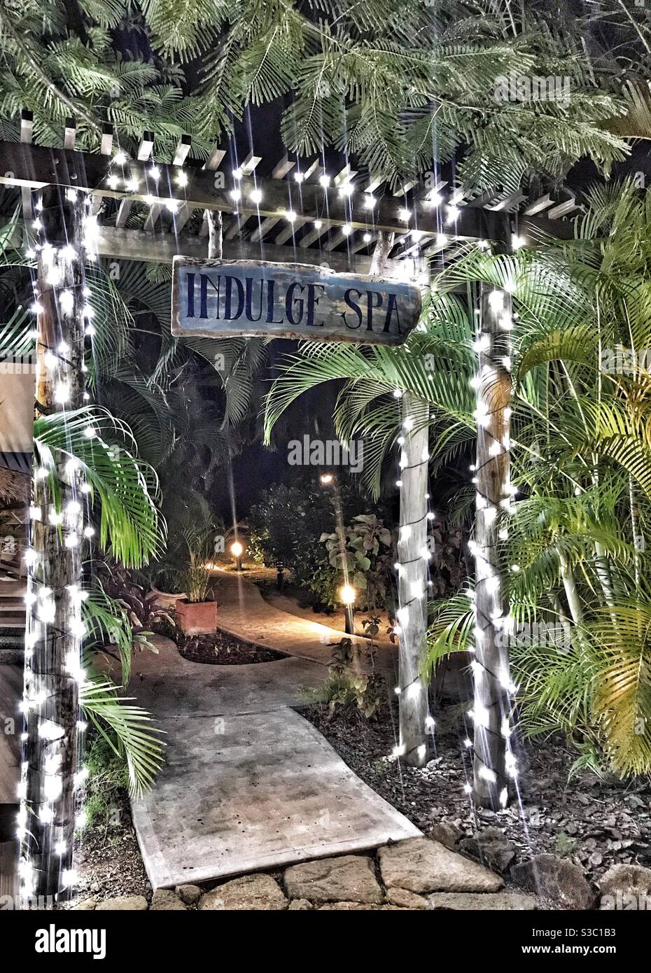 A spa entrance all lit up for Christmas in Antigua Stock Photo