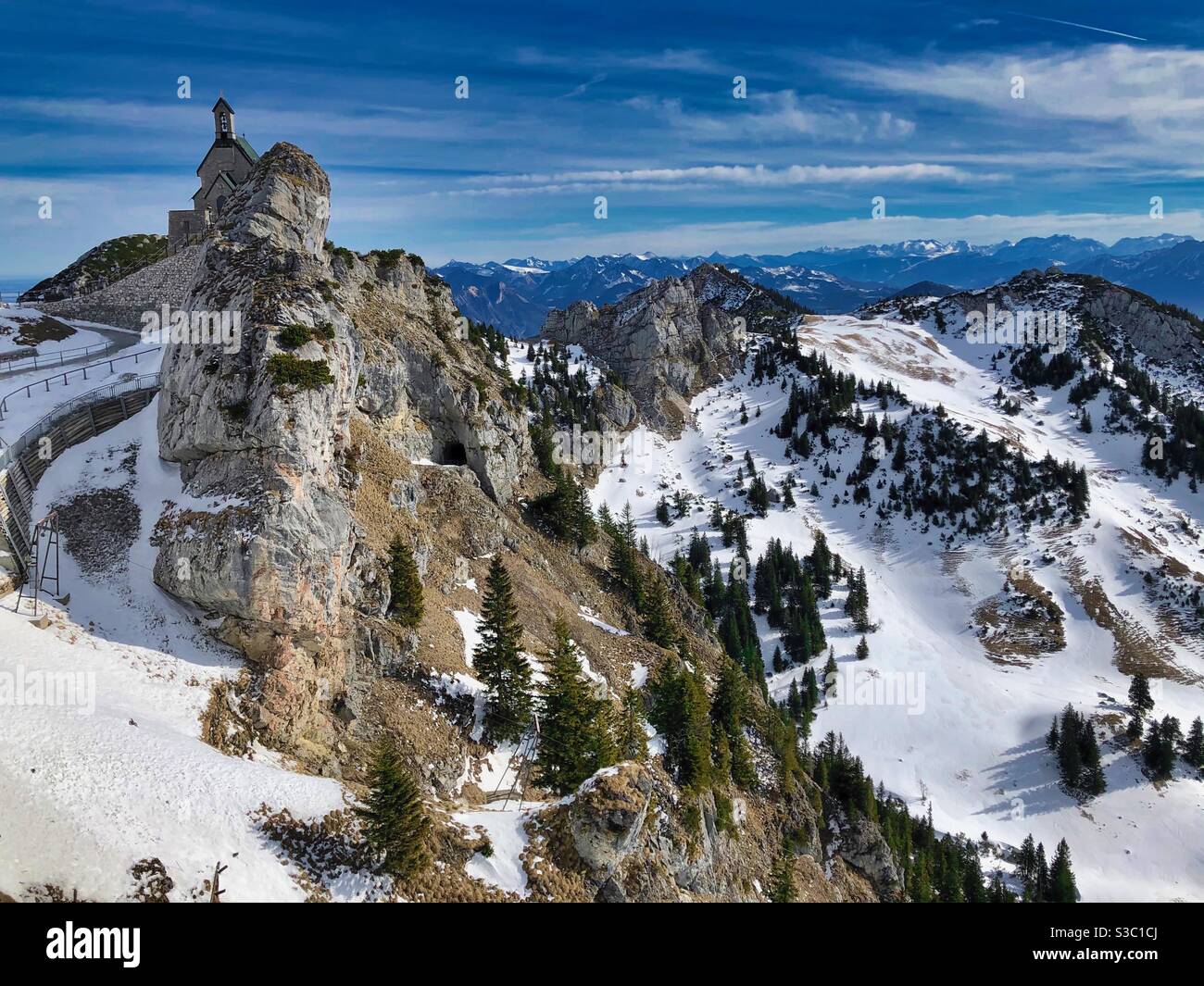 Alpine winter view with Wendelstein Church, the highest German Church built in 1890. - Smartphone Captured Stock Image