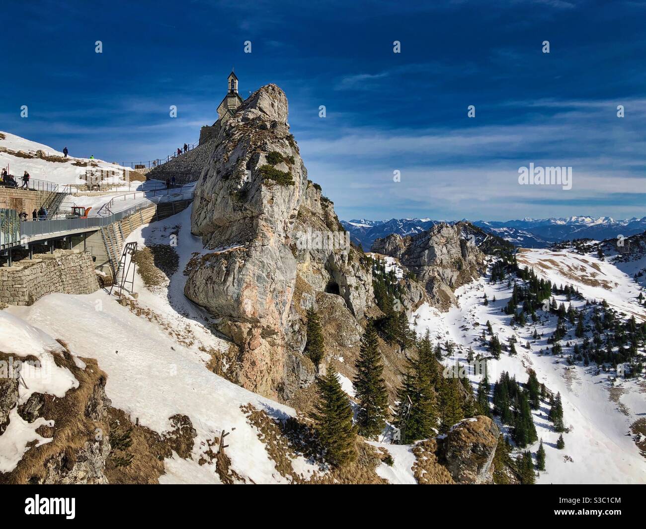 Alpine view at mount Wendelstein with the highest German Church built in 1890. - Smartphone Captured Stock Image