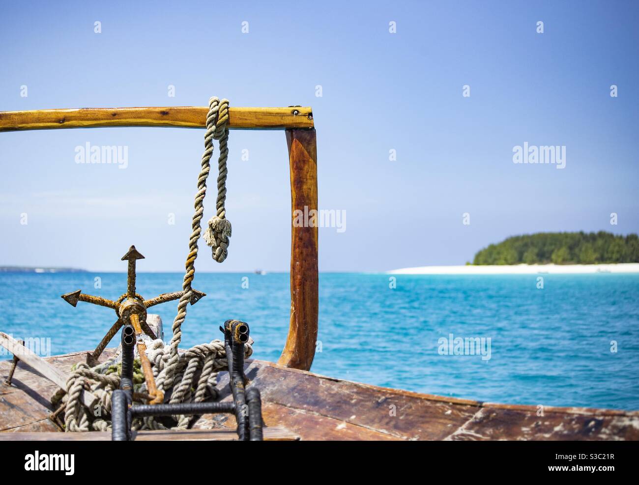 View from the boat at Zanzibar, turquoise water and white beach - Smartphone Captured Stock Image