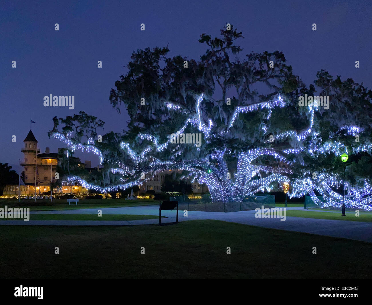 Oak Trees adorned with Christmas lights for Holly Jolly Jekyll Christmas Celebration on Jekyll Island, Georgi, USA. Stock Photo