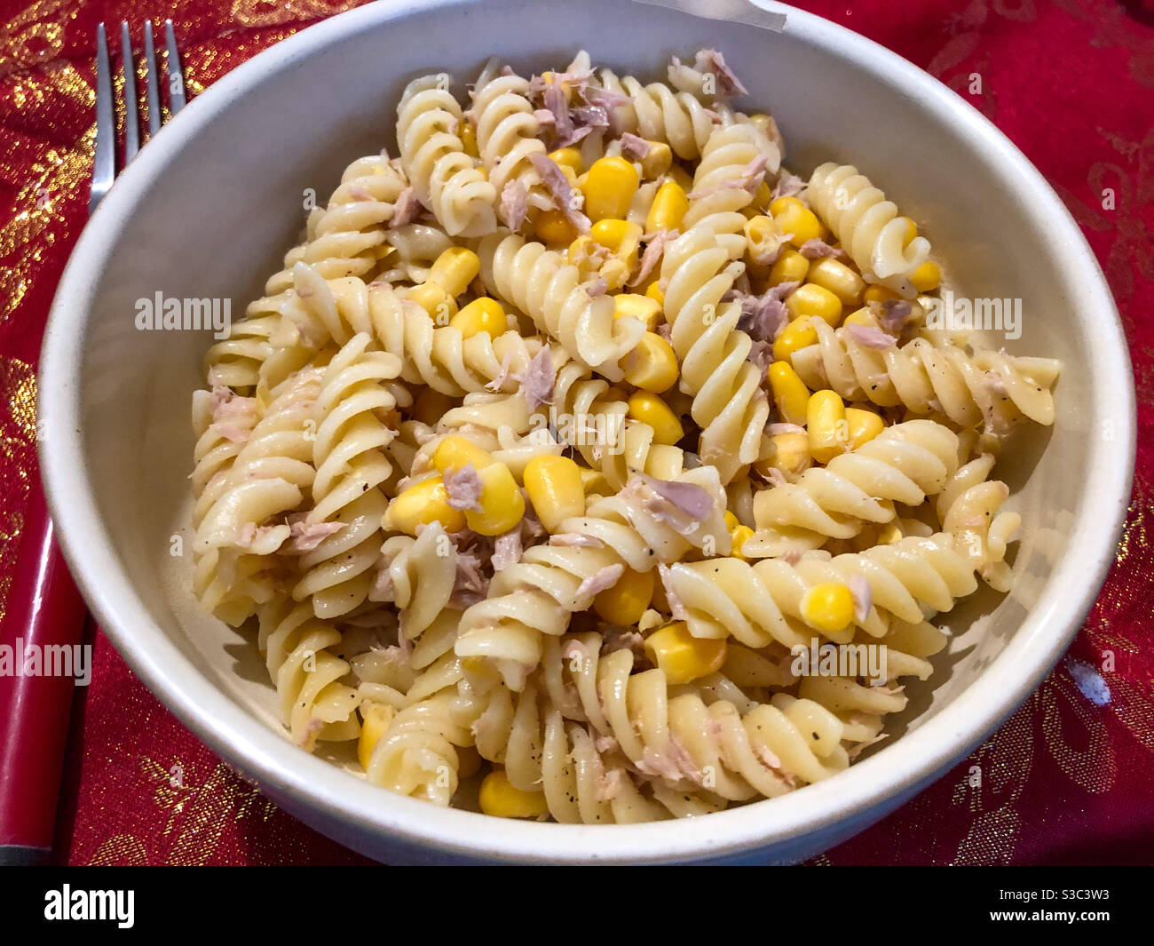 Tuna and sweetcorn pasta salads made with spiral pasta served in a dish