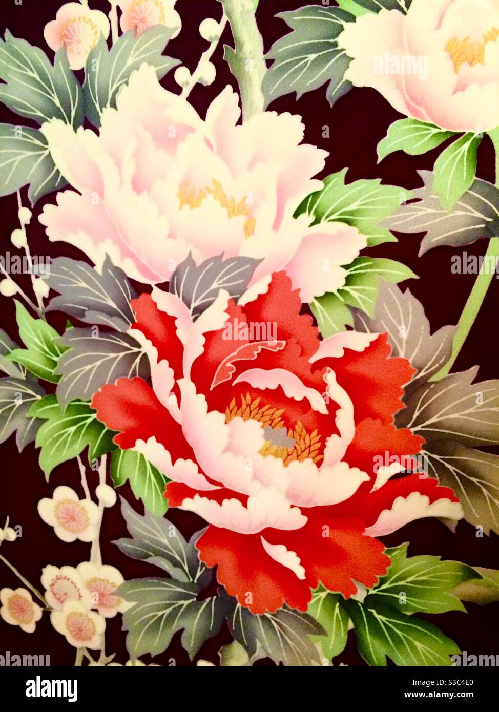Detail of antique Japanese silk Kimono showing beautiful peony  flowers,leaves and plum blossom Stock Photo - Alamy