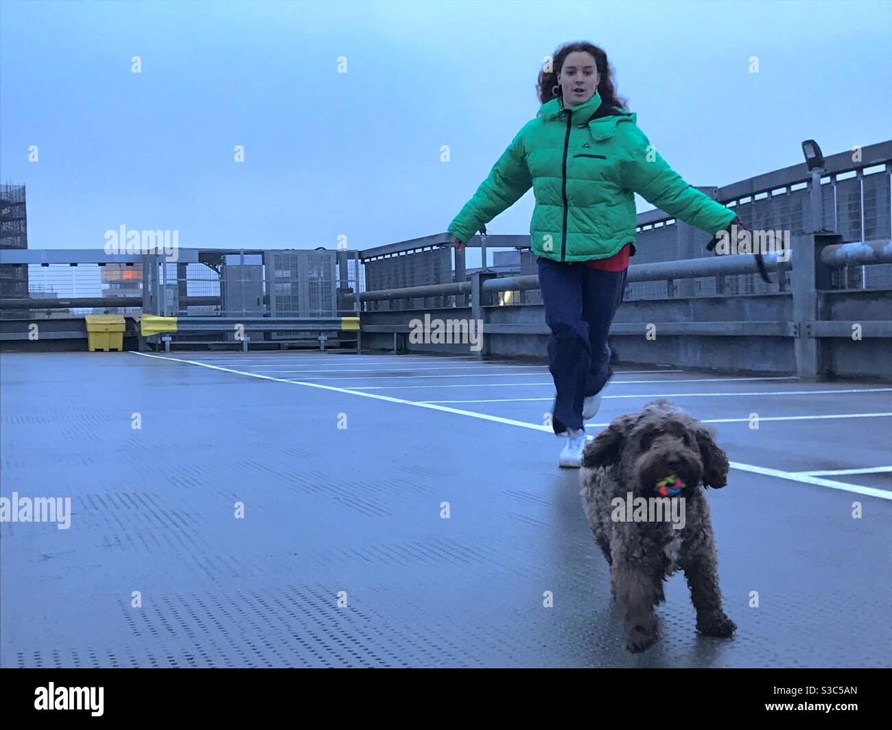 Girl chasing her dog Stock Photo