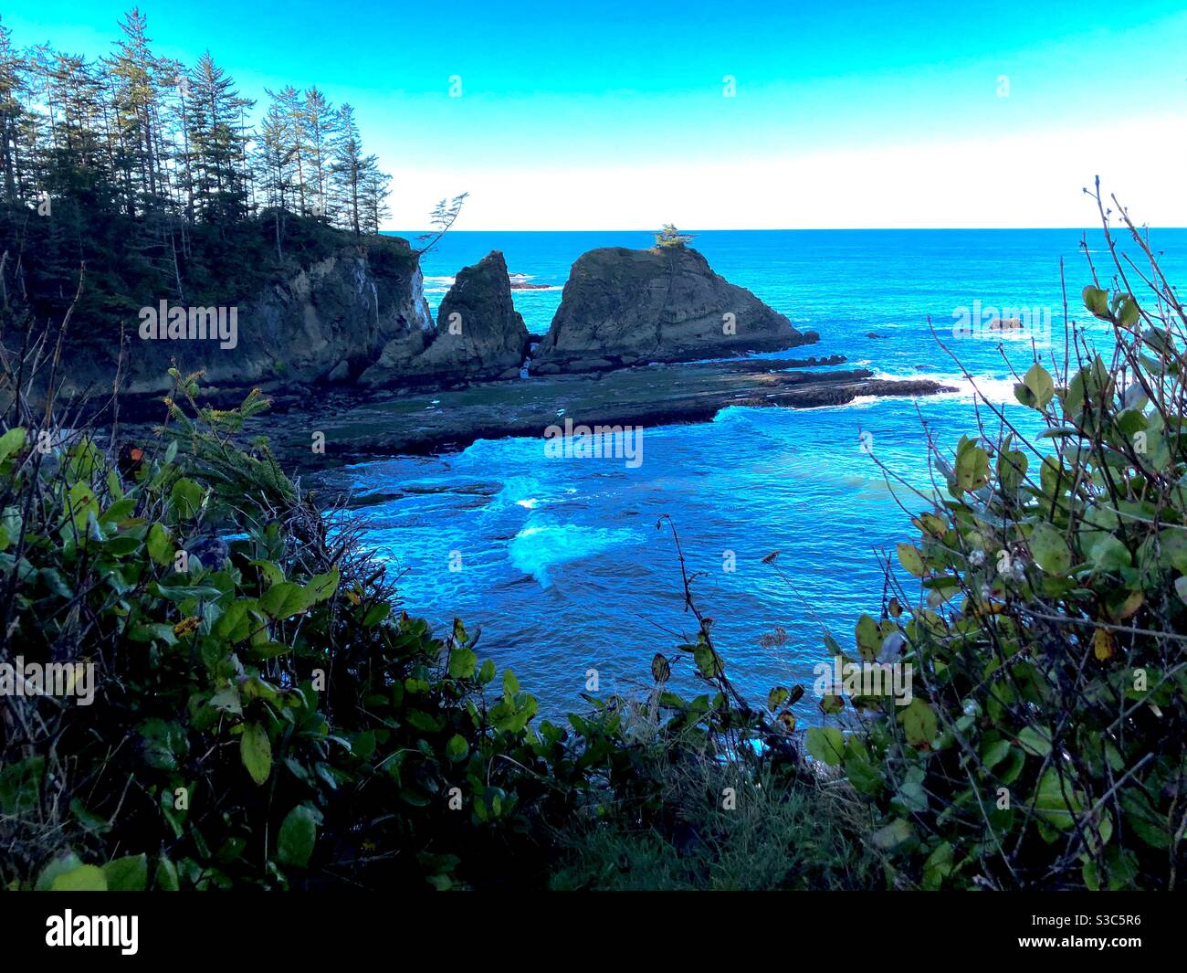 Juliet D-Pacific Ocean Coastline rocky outcrop calm sea Stock Photo