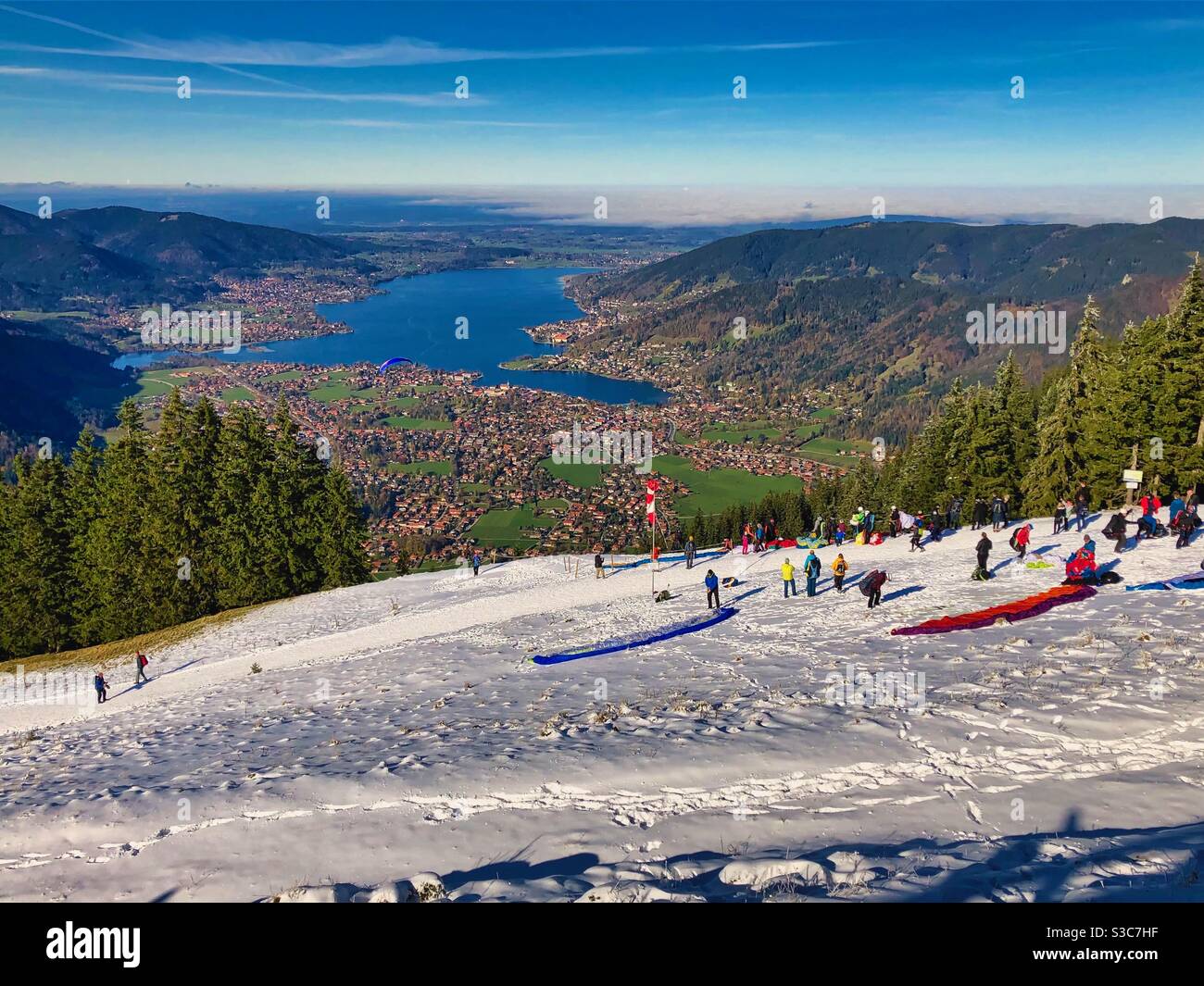 View at lake Tegernsee and paragliding starting place on the top of Wallberg mountain (1722m) in Bavarian Alps, Germany. - Smartphone Captured Stock Image