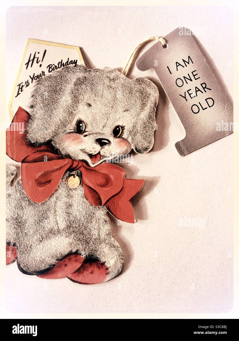 Close up of a vintage one year old birthday card from 1949, USA - Smartphone Captured Stock Image