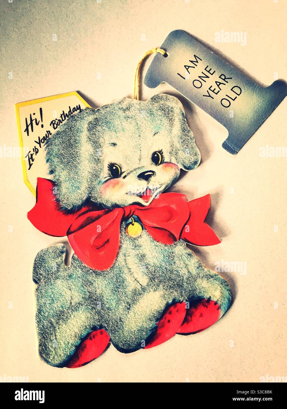 Close up of a one year olds birthday card from the 40s, USA - Smartphone Captured Stock Image