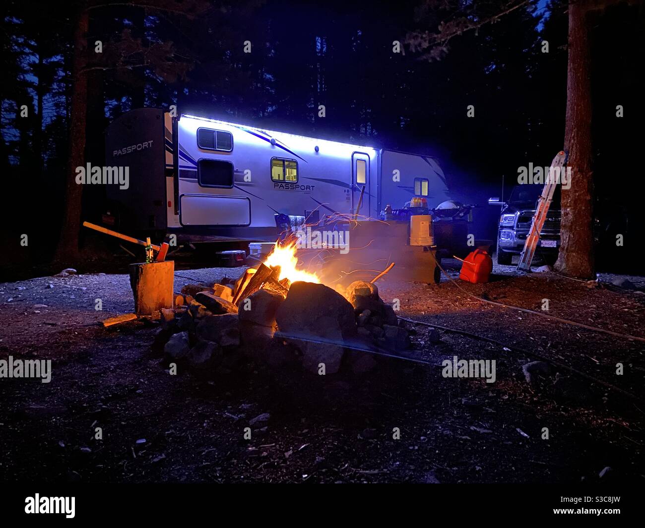 Night time RV Camping Stock Photo