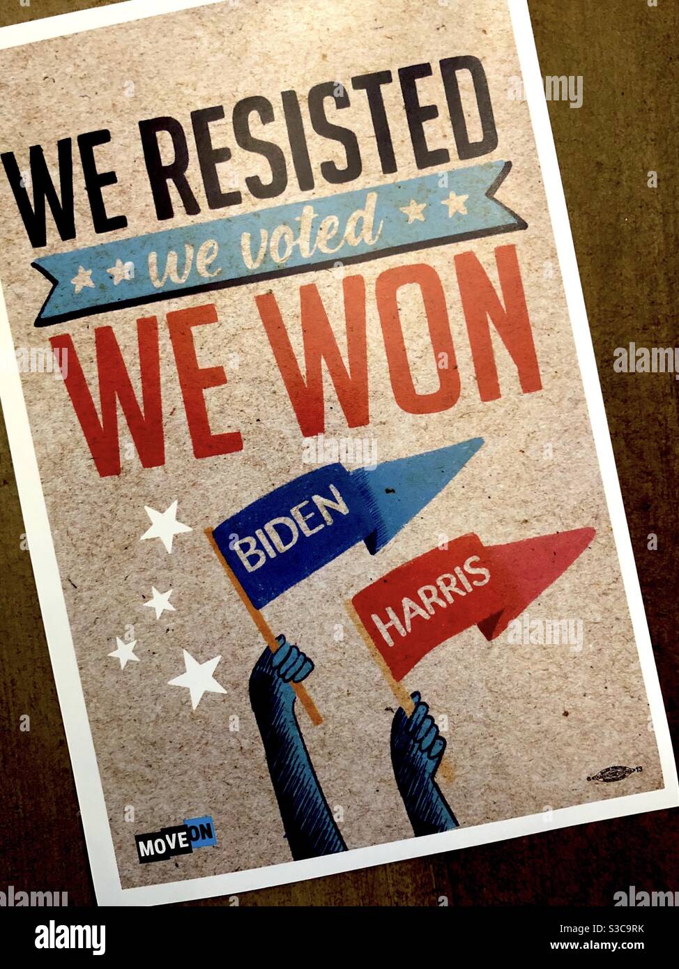 Grass-roots organization Move On sticker: We Resisted, We Voted, We Won.  Biden-Harris 2020 Presidential election. Stock Photo