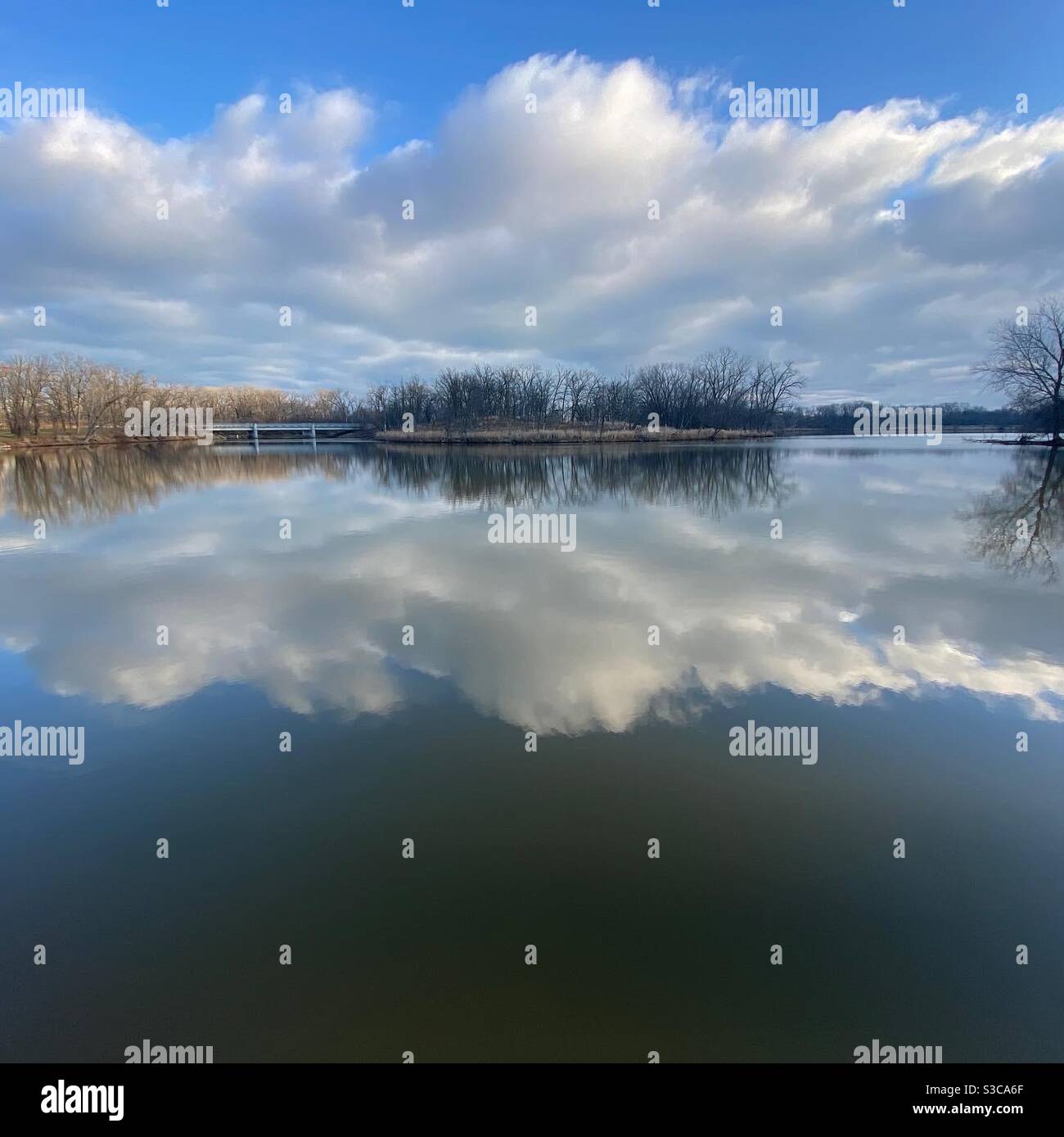 Reflection of trees and clouds at Skokie Lagoons, part of the Forest Preserve of Cook County, Illinois. - Smartphone Captured Stock Image